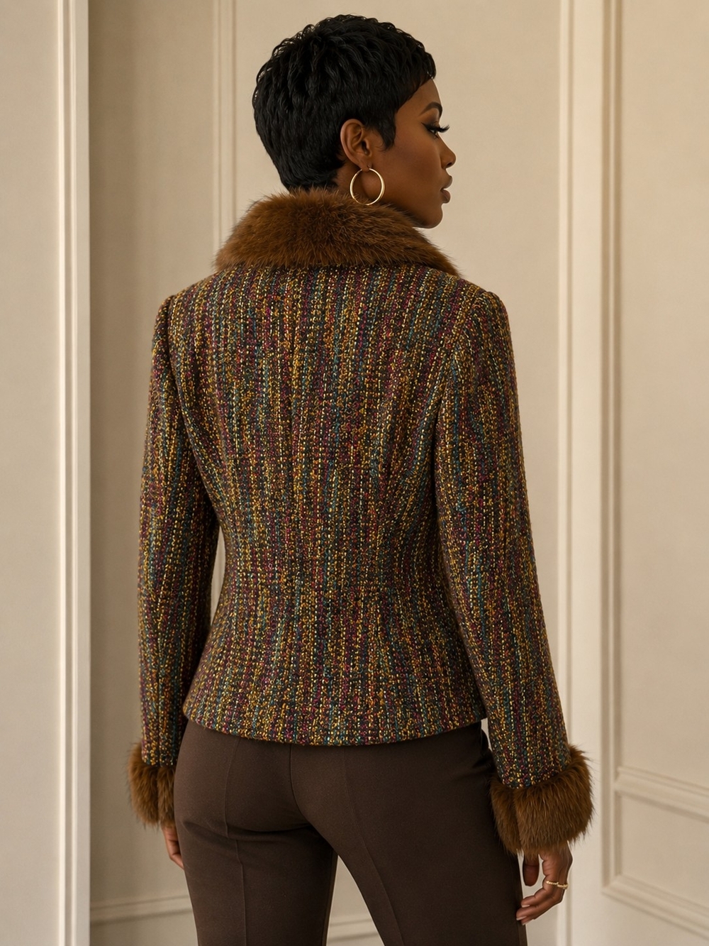 Karen Kane Multicolor Tweed Jacket with Brown Faux-Fur Trim Size 14 - Picture 2 of 5